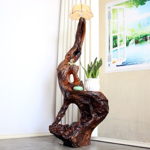 名贵红木根雕花架客厅电视柜边阳台茶室自然原木根艺灯架落地摆件