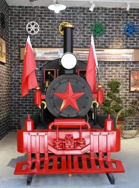 大型红色主题有轨电车铁艺美陈摆件复古火车商场展厅打卡点装饰品