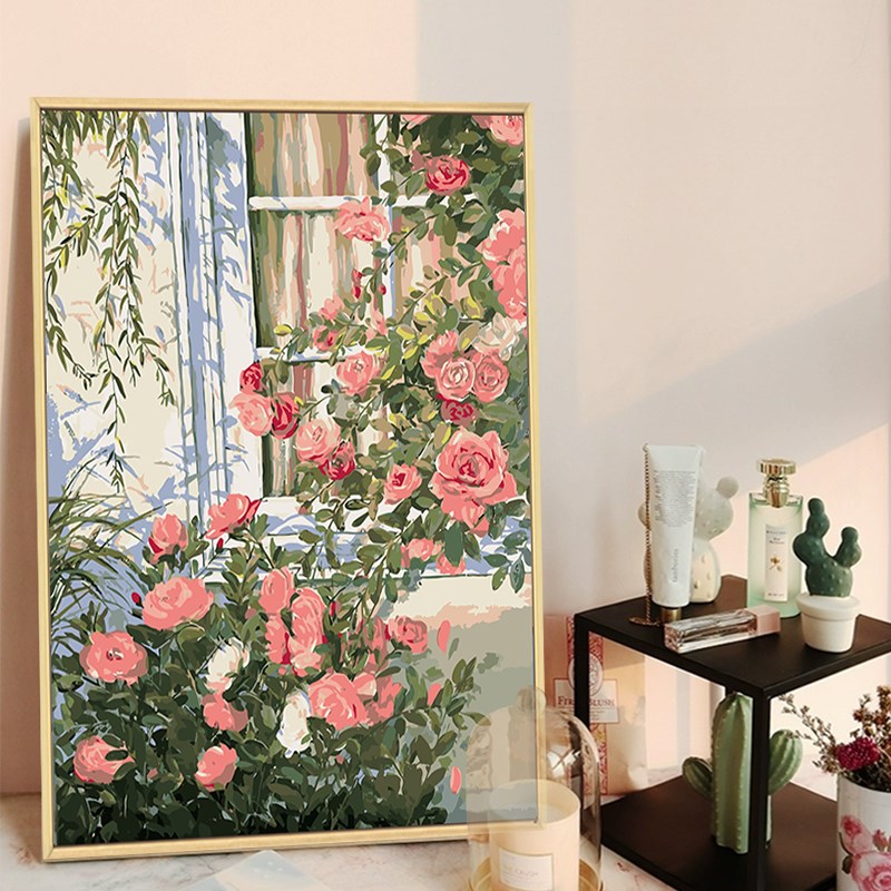 蔷薇花卉数字油画diy填充填色手工绘高颜值风景丙烯油彩画装饰画图片