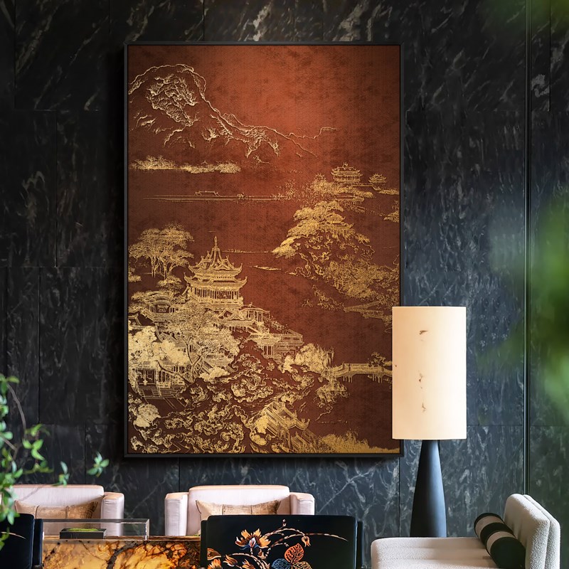 中式客厅浮雕肌理装饰画餐厅轻奢高级感立体挂画风景竖版背景壁画图片