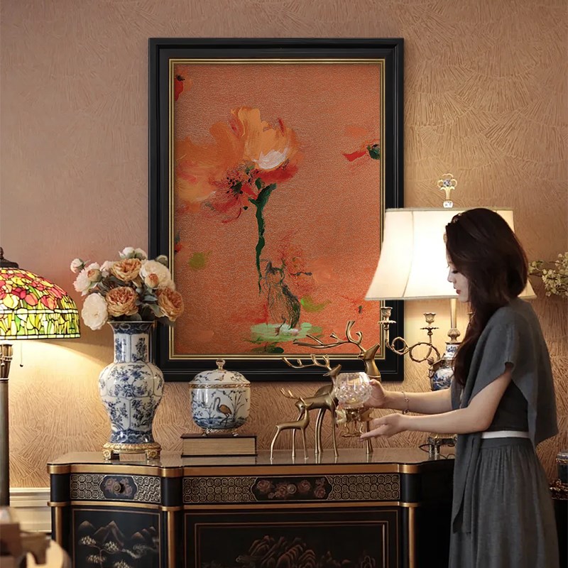 橘色中古风花卉客厅装饰画纯手绘油画法式抽象玄关挂画沙发背景墙图片