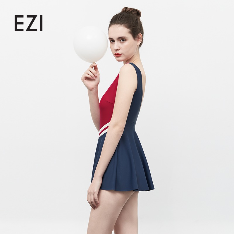 弈姿学生保守泳衣女连体海军风游泳衣少女裙式防晒泳装