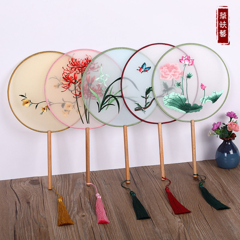 刺绣双面绣团扇古风长柄流苏圆形真丝女式汉服舞蹈扇子中国风宫扇,居家日用,扇子,淘宝优惠券,粉丝福利购,淘宝优惠卷