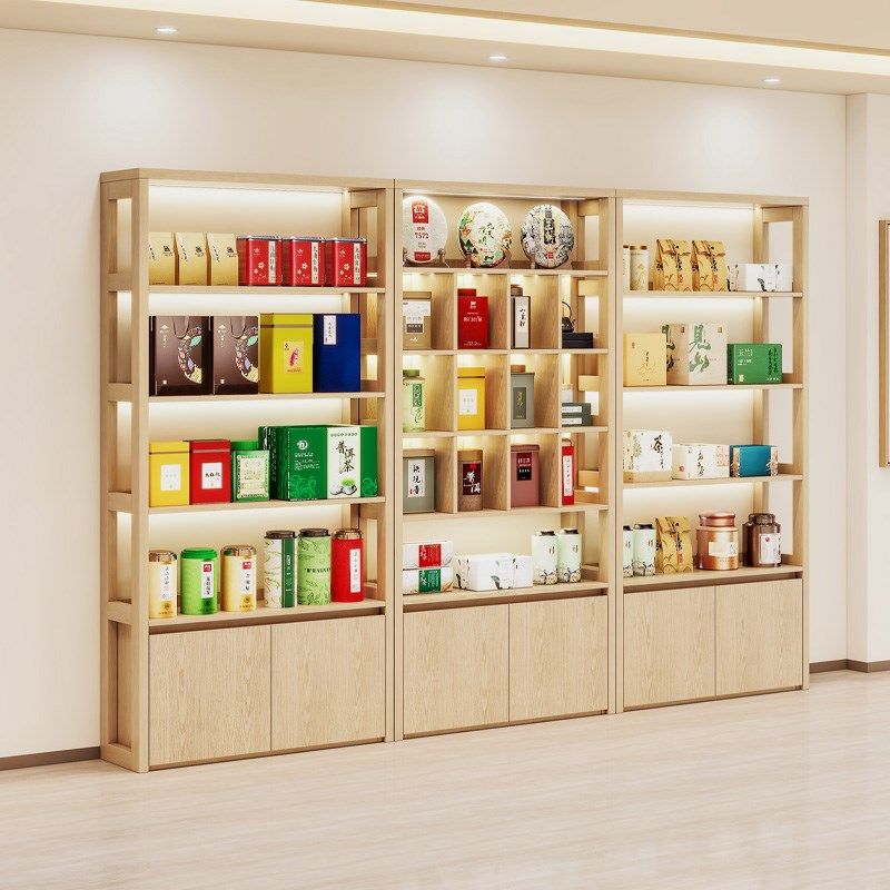 实木茶叶展示柜带灯商品展示架烟酒展柜瓷器货架陈列柜定制