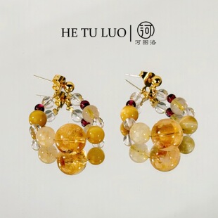 河图洛·「金灿灿」黄水晶金发晶虎眼石白水晶925银针耳坠耳环