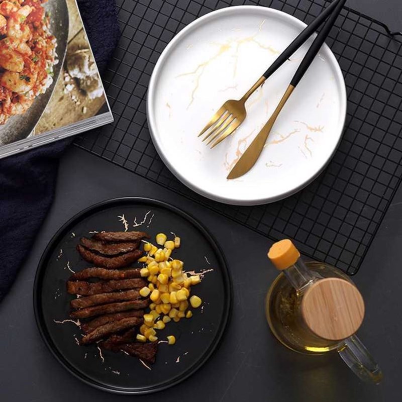 Marble Ceramic Plate Black Striped Round Steak Dinner Plates