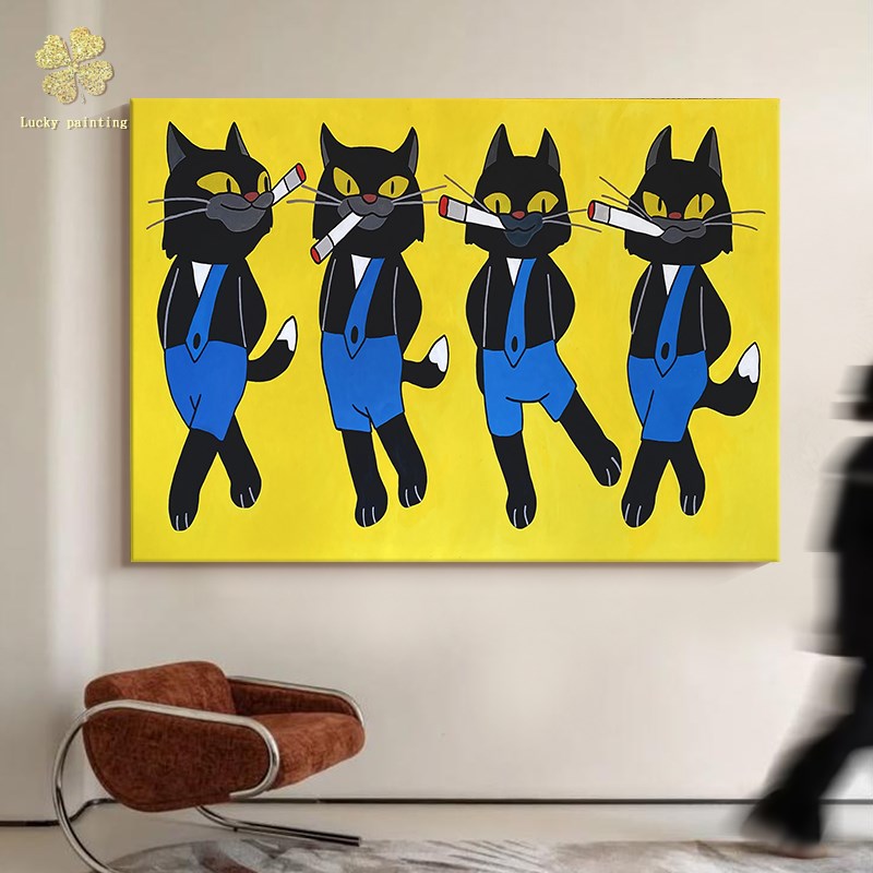 卡通个性猫咪手绘油画儿童房卧室床头装饰画玄关客厅小众艺术挂画图片