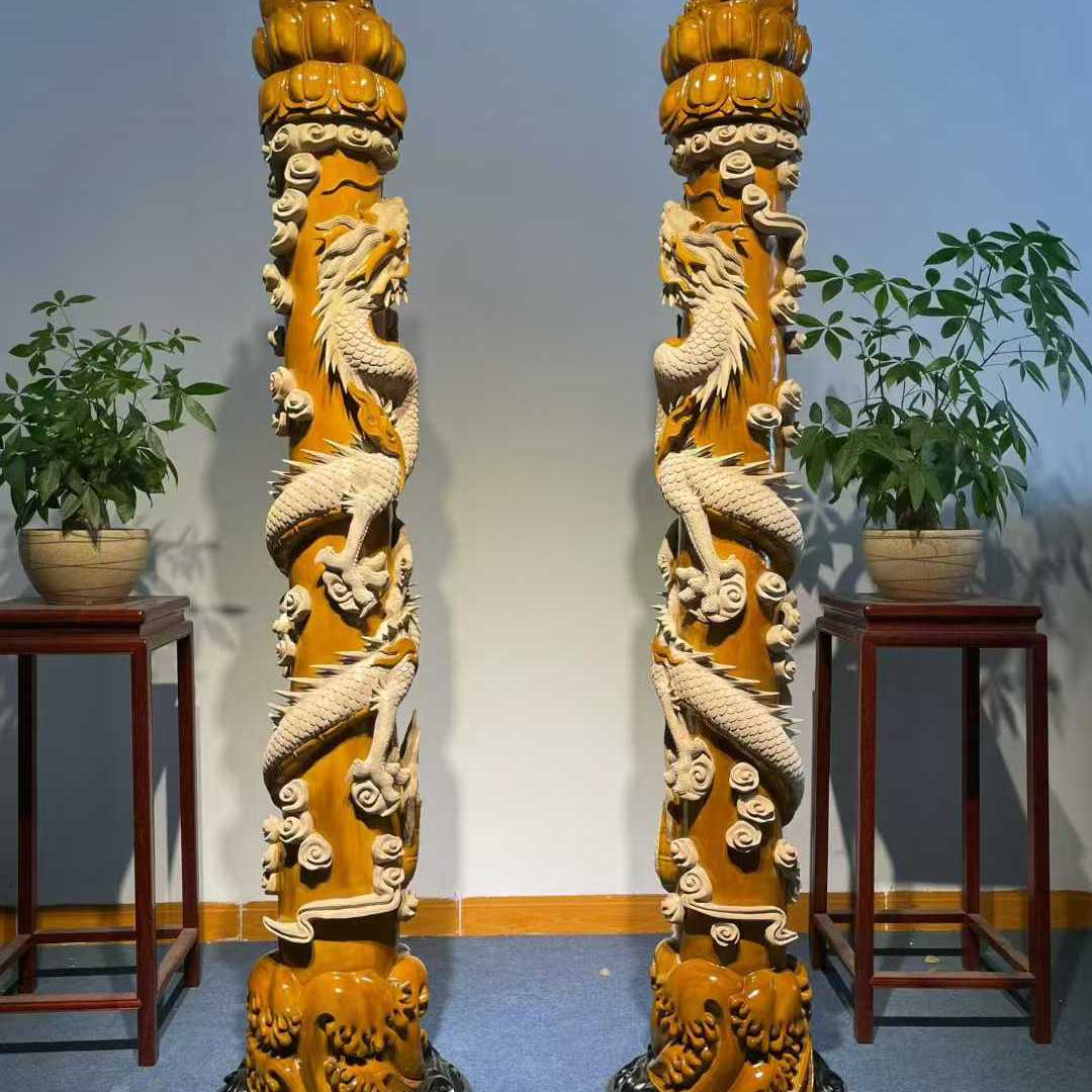 金丝楠木小叶桢楠实木雕刻龙凤呈祥装饰柱中式复古风水柱客厅摆件