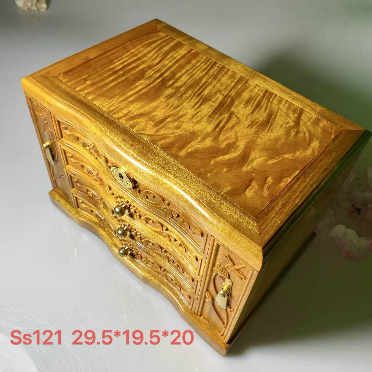 金丝楠木小叶桢楠荷塘月色水波实木首饰盒雕花多层收纳珠宝箱复古