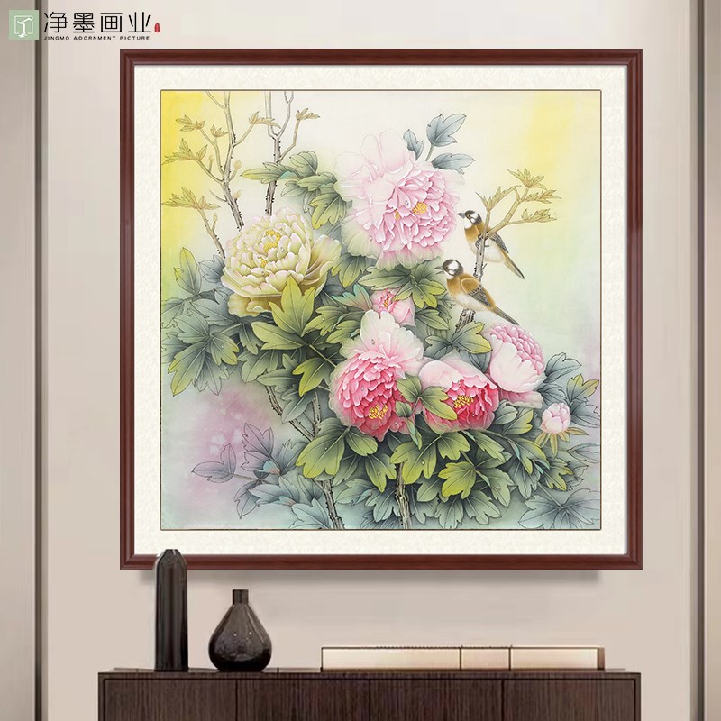 国画斗方牡丹花鸟花开富贵大吉图公鸡报晓雄鸡挂画装饰画入户玄关图片