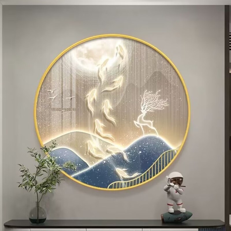 新中式圆形餐厅装饰画九鱼聚财入户门正对墙玄关挂画饭厅餐桌壁画图片