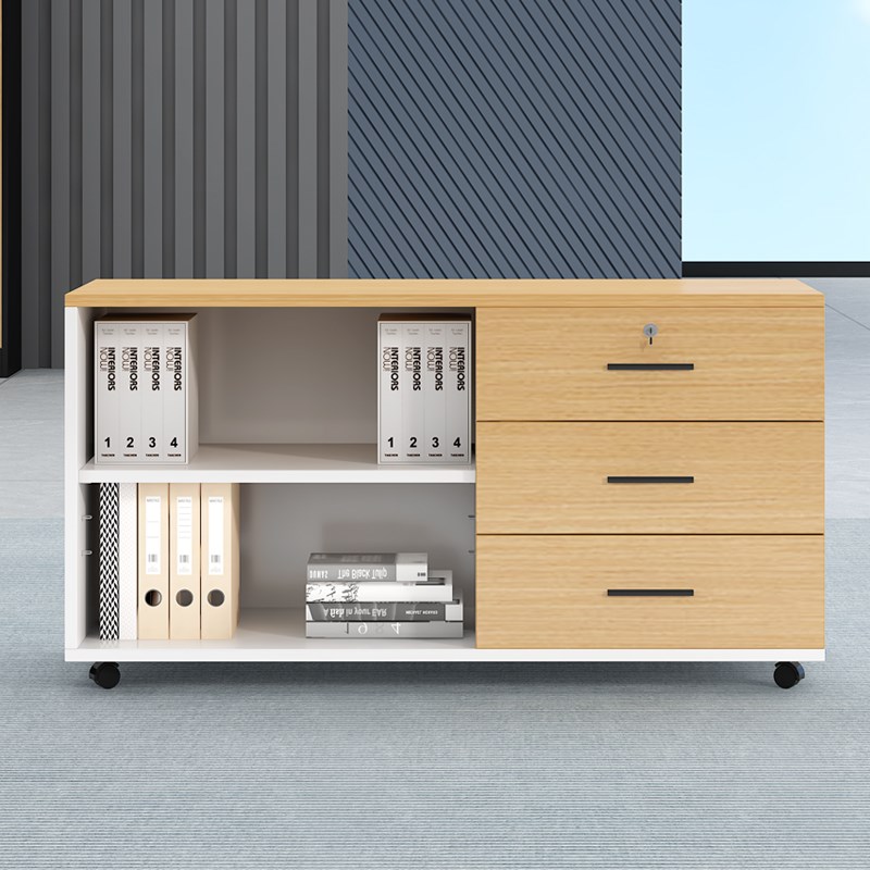 办公桌边柜文件柜木质侧柜三抽移动矮柜带锁收纳柜打印机储物柜子