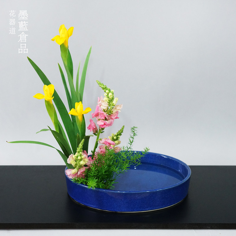 插花花器插花器皿大式花道陶盘日花瓷花盆圆形小原流
