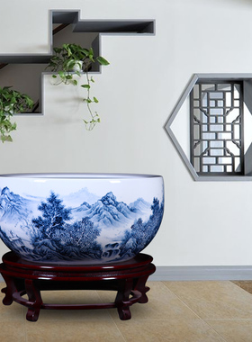 陶瓷鱼缸手家名绘山水画水缸新中式家居客饰装厅品摆件