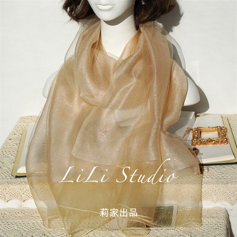四季裸金色 高级感星瀑闪金真丝羊毛围巾柔纱秋冬丝巾女双层披肩