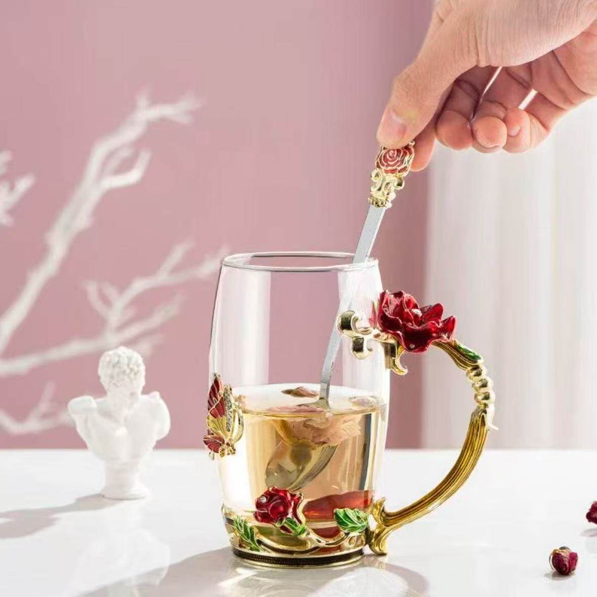 欧式红玫瑰高杯珐琅彩玻璃杯水杯茶杯咖啡杯单只装带勺