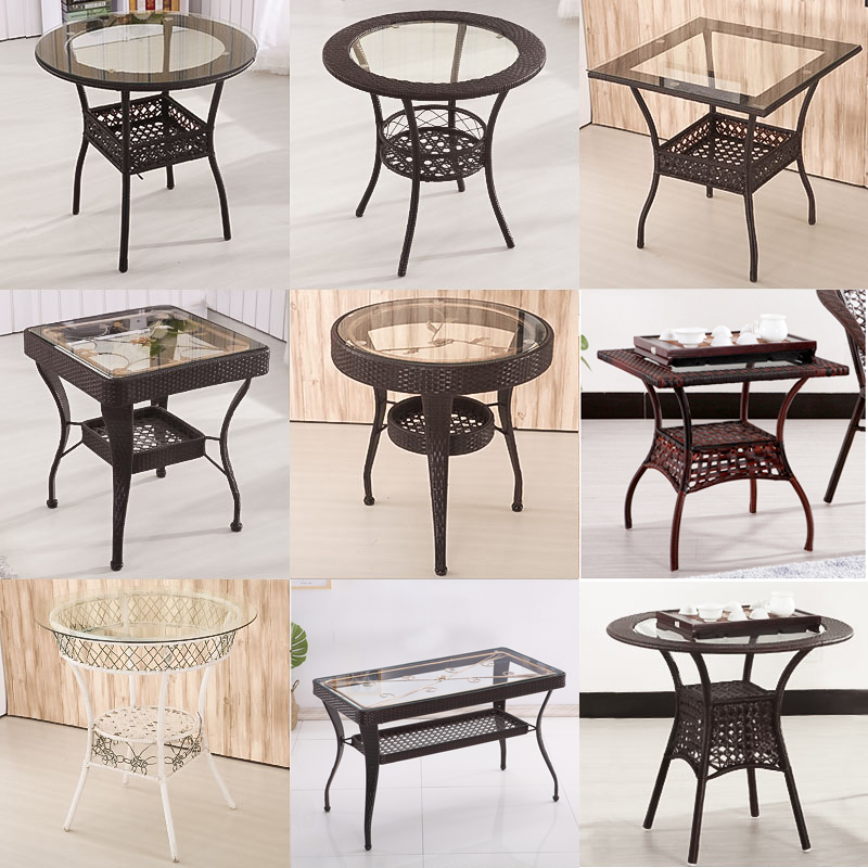 阳台休闲小圆桌子藤编钢化玻璃茶几简约现代圆形家用喝茶桌椅组合