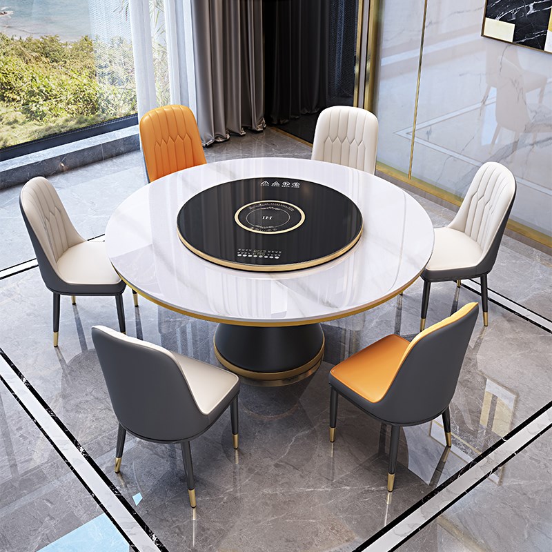 轻奢岩板餐桌椅组合现代简约电动旋转暖菜板带电磁炉多功能火锅桌