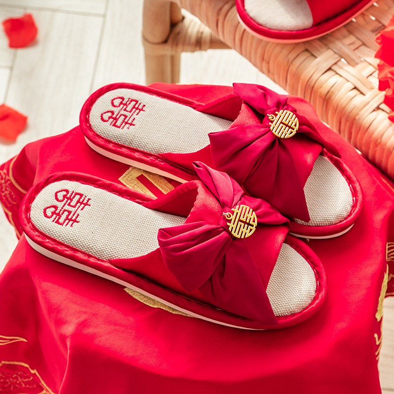 新款结婚凉拖鞋喜庆大红色夏季居家室内地板婚庆情侣亚麻拖鞋女