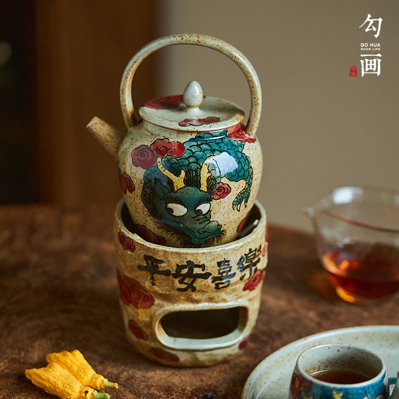 粗陶复古手绘十二生肖龙功夫茶壶酒精 蜡烛 温茶炉