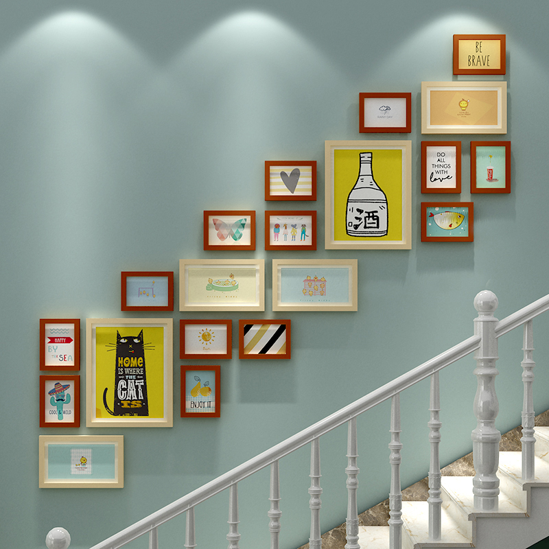 创意实木楼梯照片墙现相框墙组合楼道走廊背景墙墙面装饰墙壁