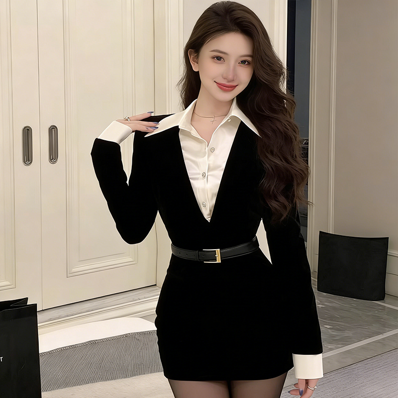 假两件御姐风黑色收腰显瘦短裙