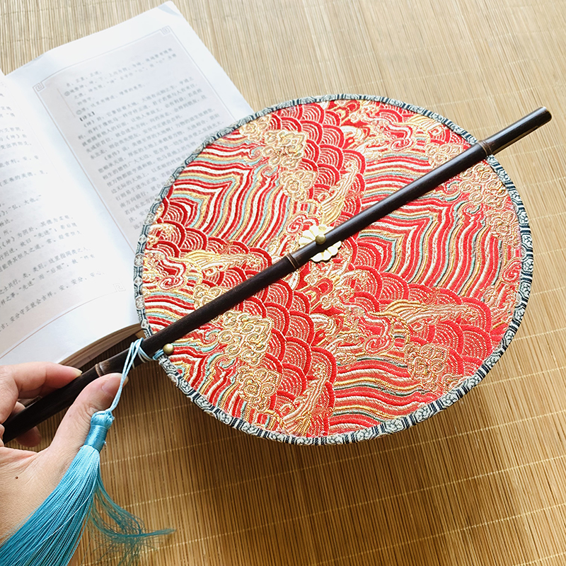 荷塘月韵喜扇古风汉服圆形腰扇可卷折叠古扇拍照表演走秀舞蹈道具