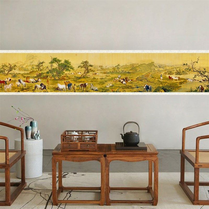自粘墙纸腰线壁纸中式画长条画复古墙纸自粘装饰画沙发背景画墙布