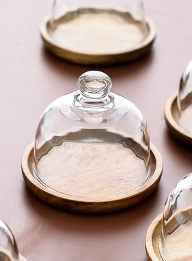 甜品碟甜点盅托盘蛋糕盘拼接木质带盖玻璃罩点心摆盘摆件