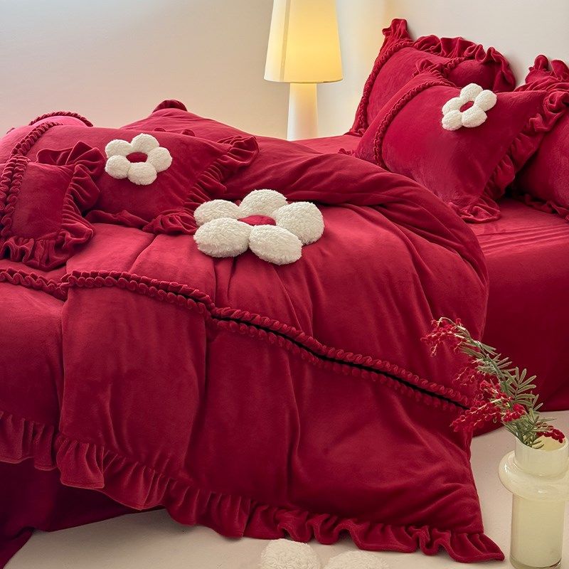 立体花朵新婚庆冬季保暖红色花边结婚床单,床上用品,婚庆床品套件,淘宝优惠券,粉丝福利购,淘宝优惠卷