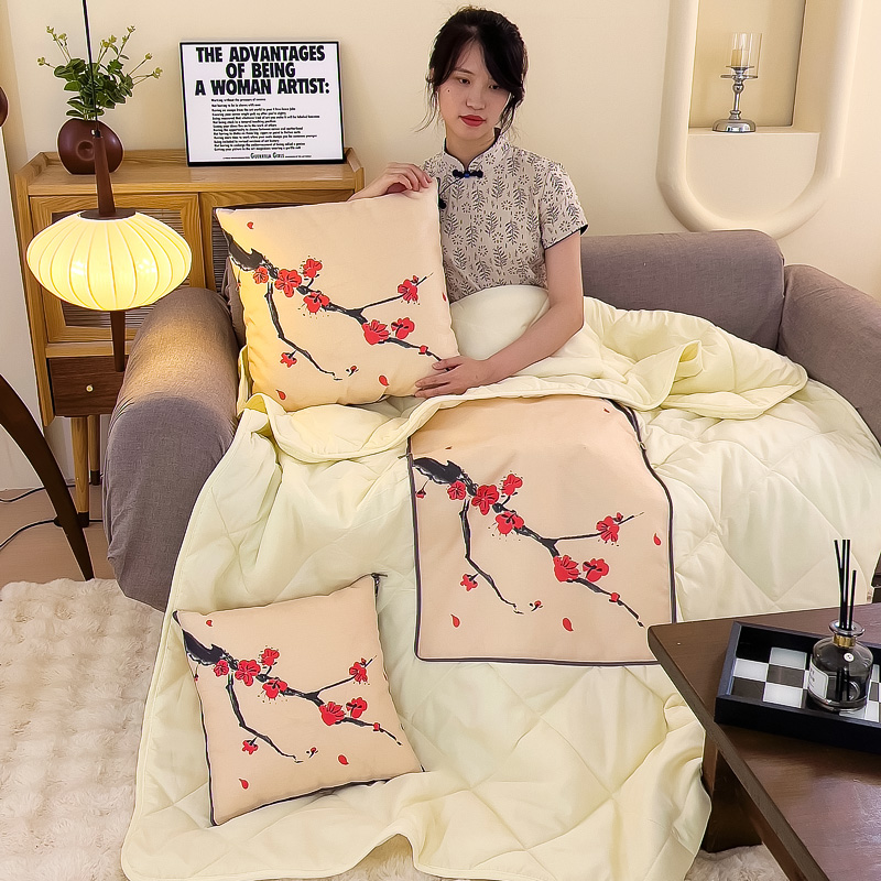 水墨风亚麻抱枕被两用二合一办公室午睡毯子车载靠垫枕多功能盖毯