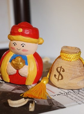【财神送钱来咯】钱袋手工木雕摆位创摆工件桌面意放装饰品