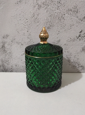 上镜美 出口复古ve墨绿色玻璃金色首饰收纳盒玻璃罐棉签罐
