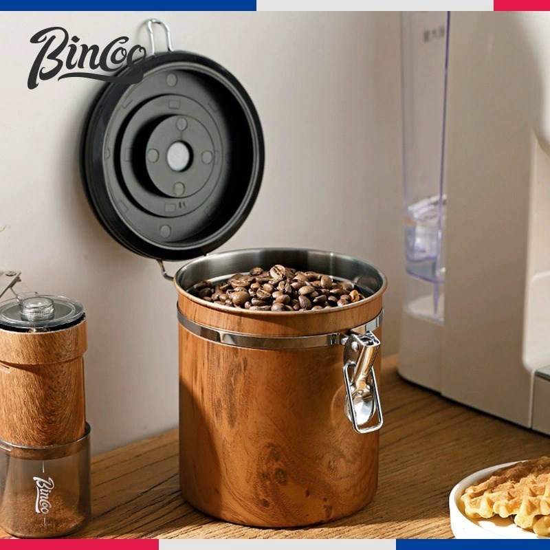 Bno木纹密封罐带排气阀咖啡养豆罐收纳储物罐大容量罐子
