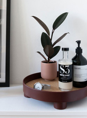 丹麦风灰色圆形托盘收纳果盘样板房茶几桌面装饰盘子摆件塑料