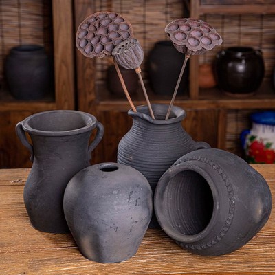 手工黑陶土陶罐粗陶花瓶无釉陶器泥瓦罐复古摆件酒店民宿茶室装饰