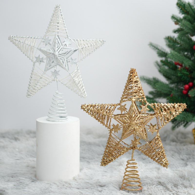 圣诞装饰金银红五角星发光电池盒树顶星摆设圣诞树顶部星星灯摆件