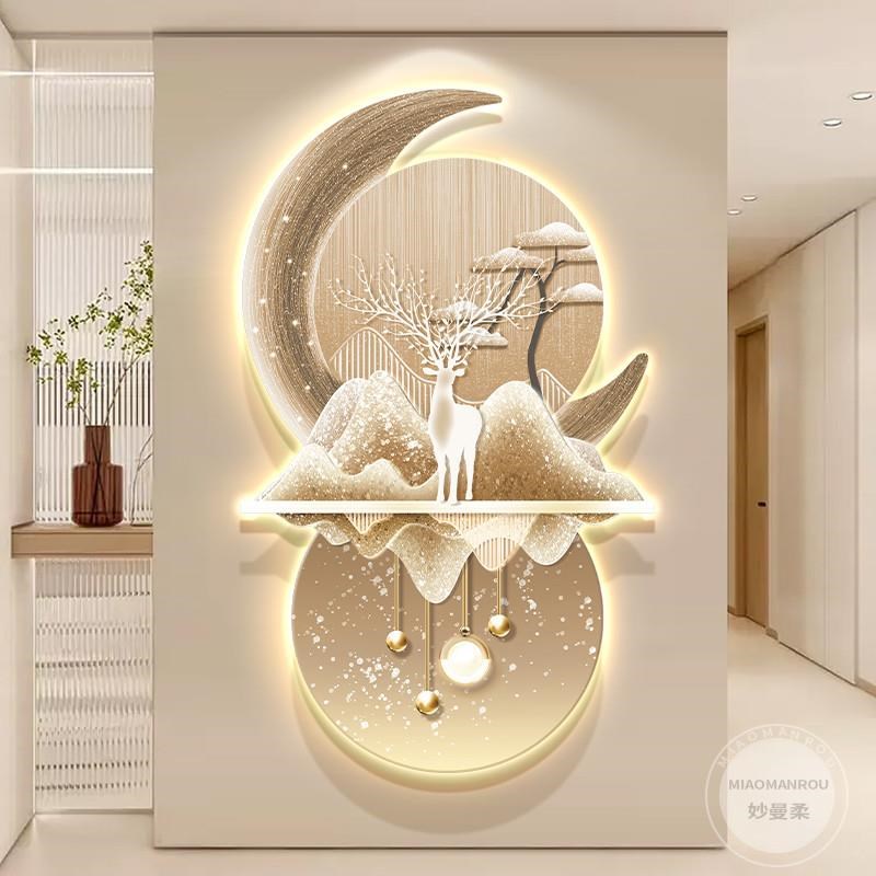 过道走廊高级福鹿挂画客厅简约发光壁灯画立体砂岩大气玄关装饰画图片