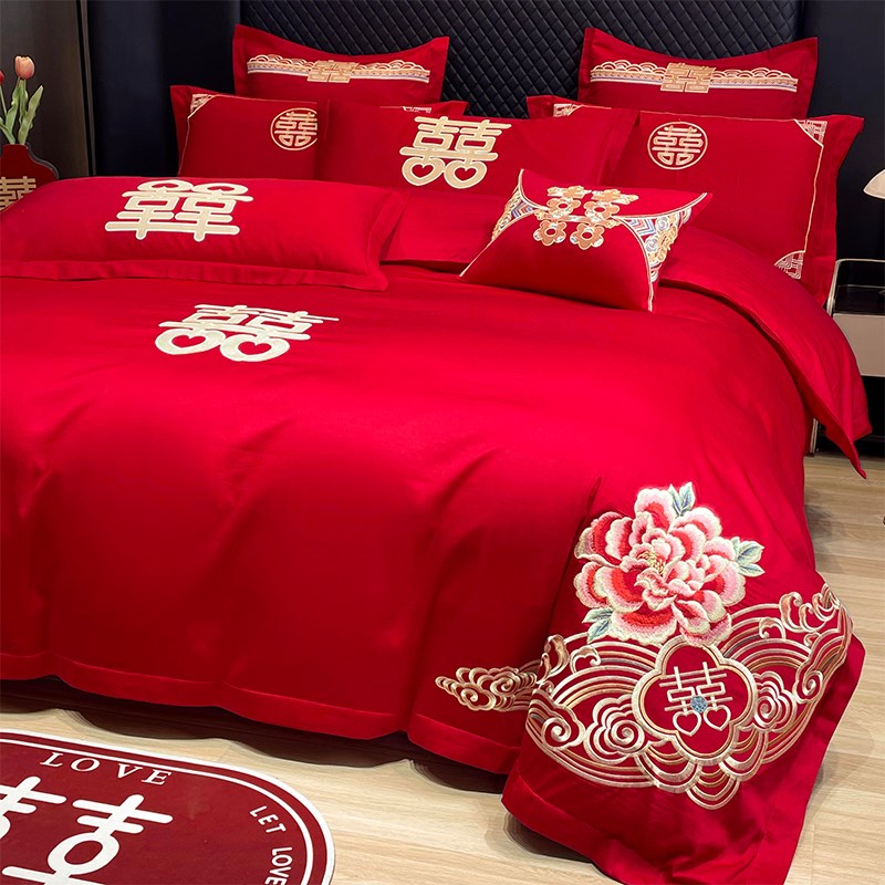 结婚四件套大红刺绣床单被套新婚房陪嫁婚庆床上用品喜被套件