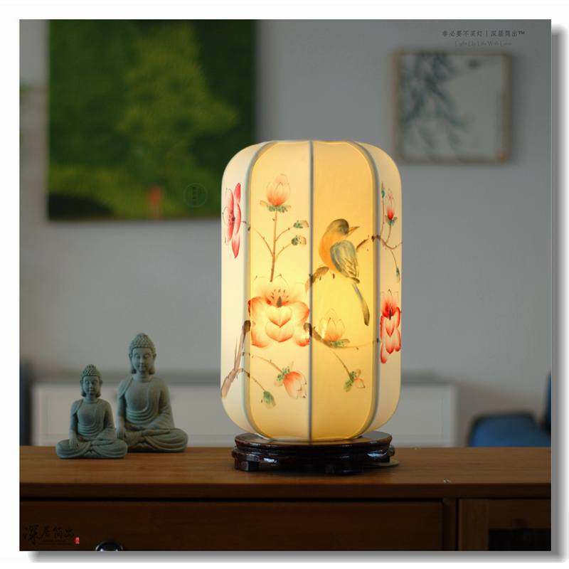新中式手绘花鸟台灯古风卧室装饰真丝布艺床头氛围灯小夜灯可充电
