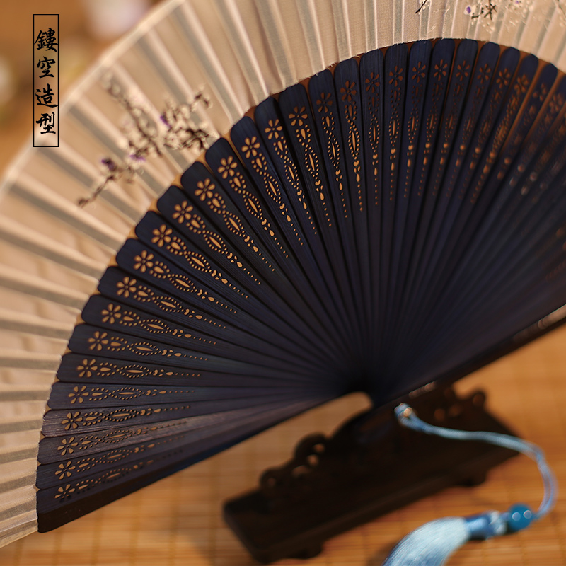吉善扇子6寸烫印折扇女扇漆边排扇出国礼品扇杭州丝绸扇古典扇