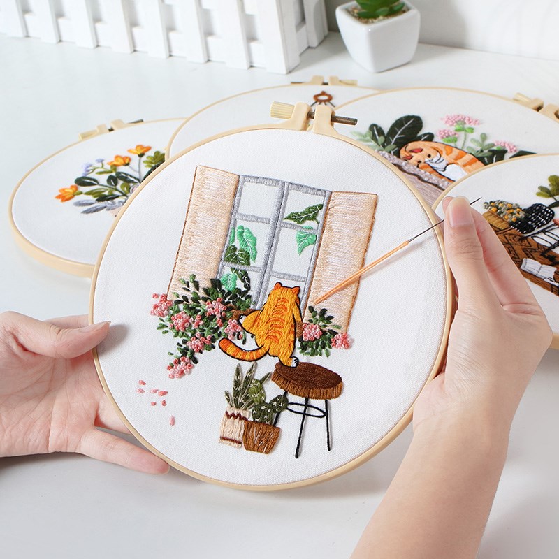 手工刺绣diy材料包 猫咪刺绣花卉欧式立体绣花装饰挂画自绣图片