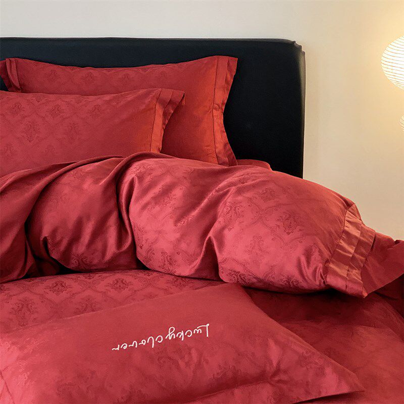 喜事婚庆床品四件套纯棉100支长绒棉红色提花结婚房被套床单