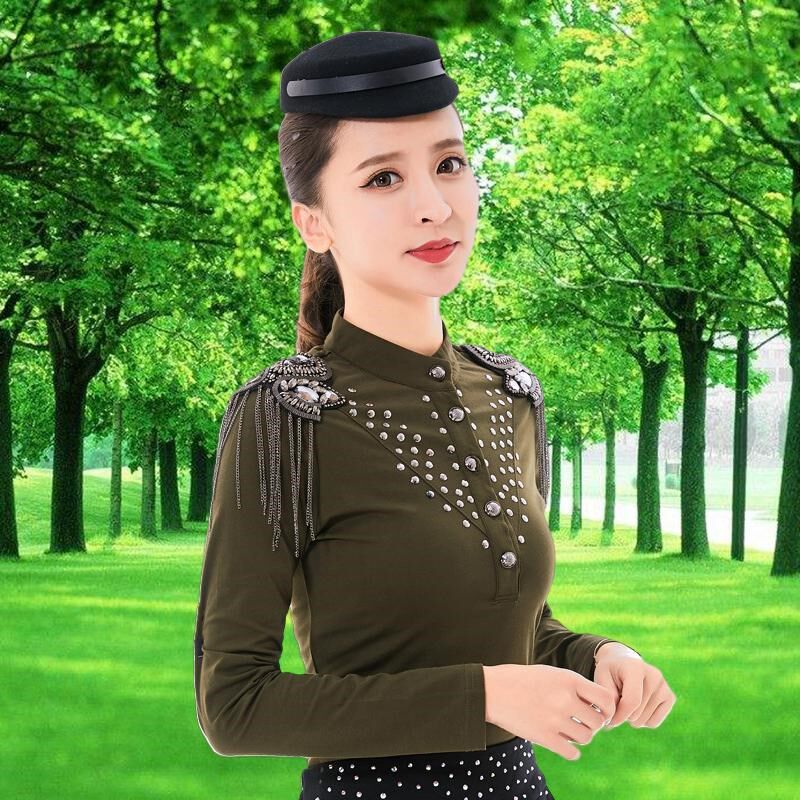 新款水兵舞上衣套装女2025春秋长袖流苏时尚T恤广场舞演出服