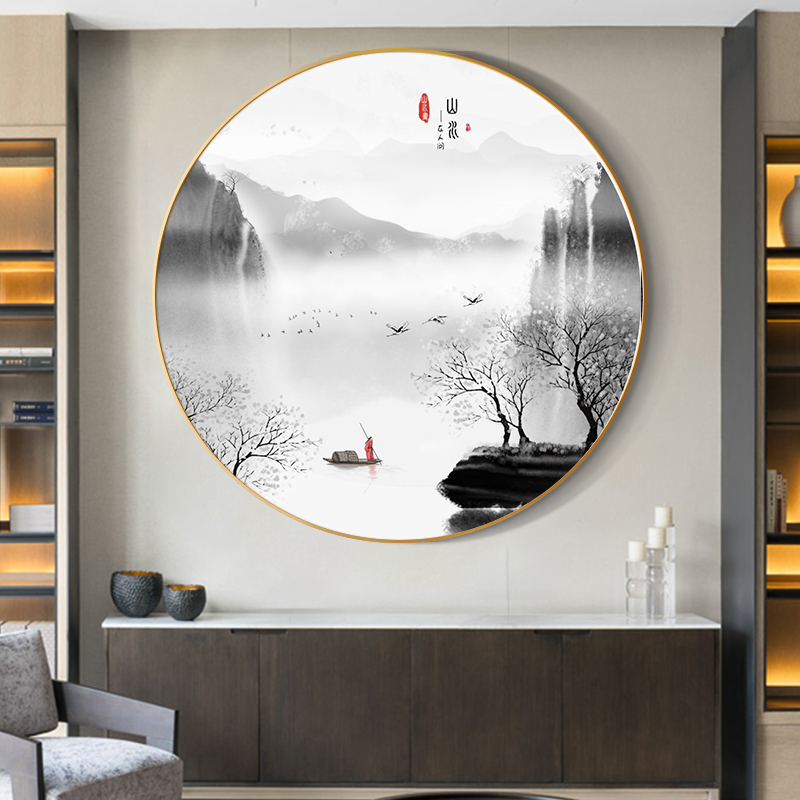 新中式玄关装饰画圆形山水画客厅沙发背景墙面壁画办公室茶室挂画图片