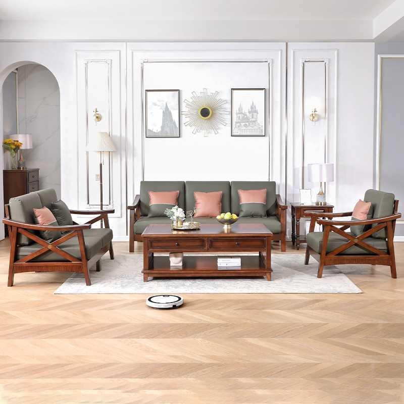 美式乡村实木沙发组合布艺客厅简约现代复古转角木沙发小户型家具