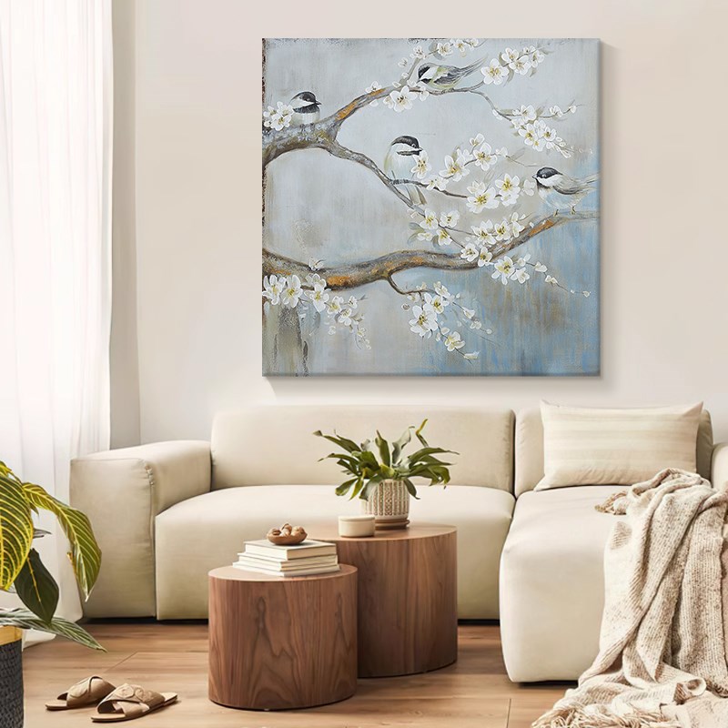 喜上眉梢花鸟图肌理手绘油画国风客厅装饰画中式书房玄关方形挂画图片