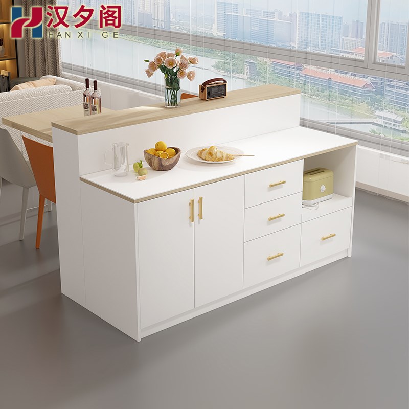 日式原木风纯白岩板岛台多功能推拉门储物柜茶水柜边几吧台柜E5