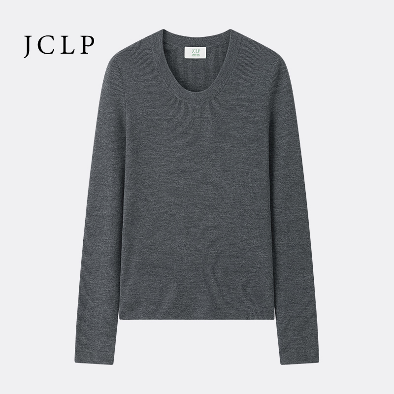 JCLP金纯良品 100%美丽诺羊毛坑条U领长袖螺纹针织打底衫毛衣女