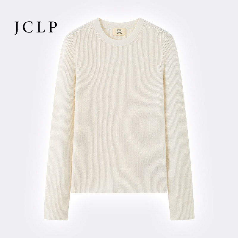 JCLP金纯良品 百搭圆领细坑条100%山羊绒针织修身打底羊绒衫毛衣